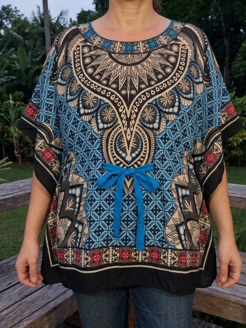 Flying Tomato Blue Geometric Aztec Boho Festival Kaftan Tunic Top Medium